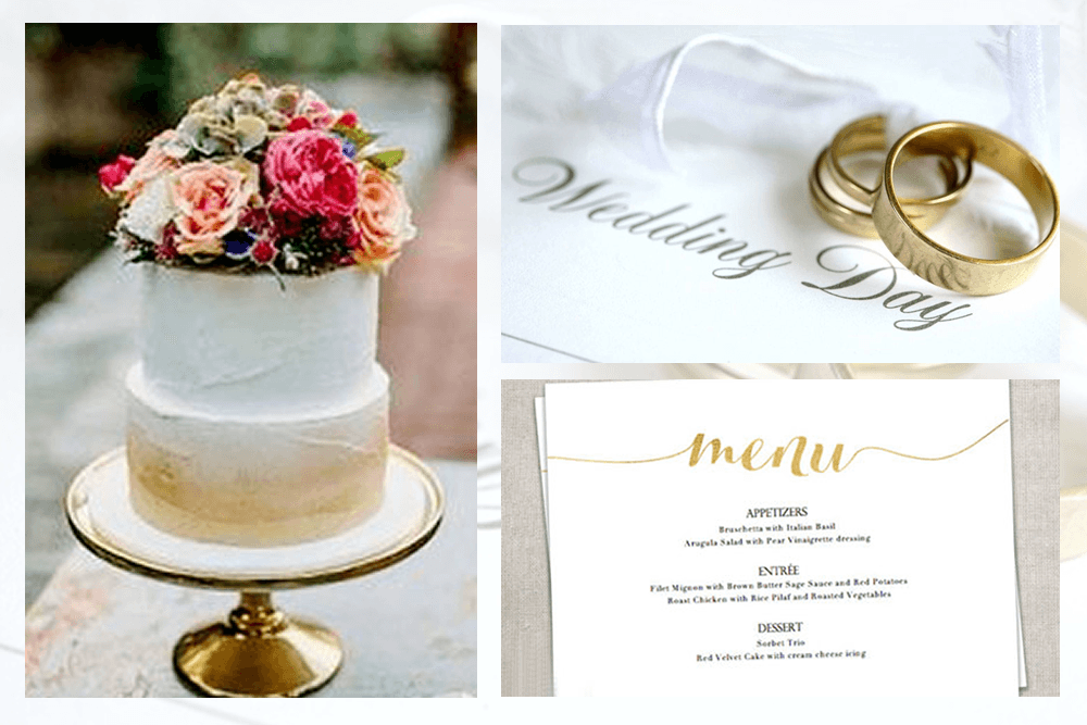 3 image collage, 3 tier wedding cake, rings on cotton cloth that says wedding, and a menu card for a wedding