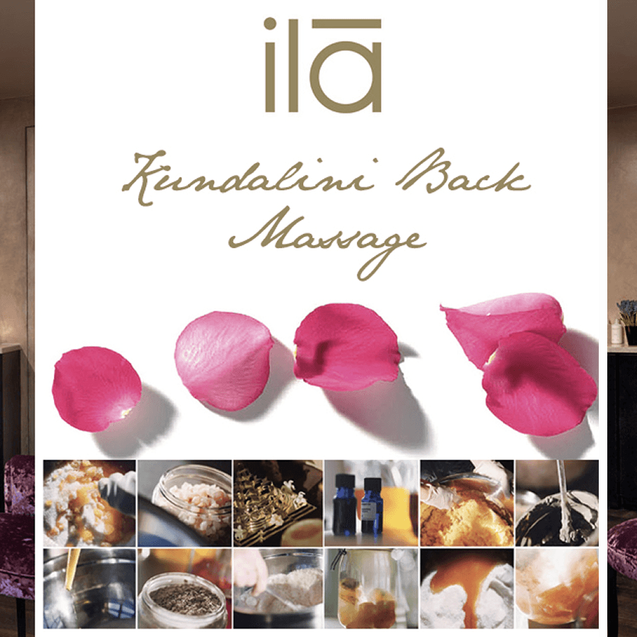 Ila Spa Treatment and pink flower petals and 12 other small square related spa images lined up in 2 rows.