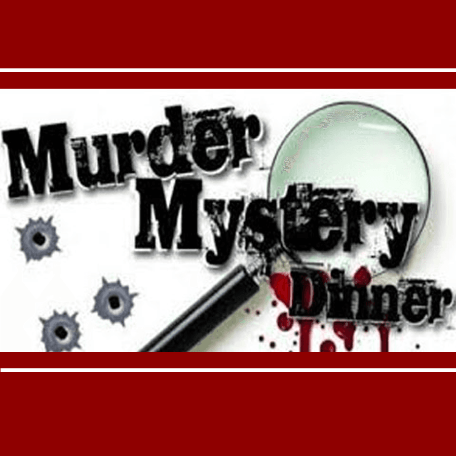 Magnifying glass with dripping red blood and the words murder mystery